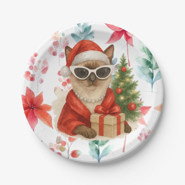 Prato De Papel Papais noeis Gato com presente de Natal (Frente)