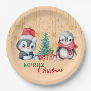 Prato De Papel Papais noeis Vermelhos Pinguins Feliz Festa de Nat