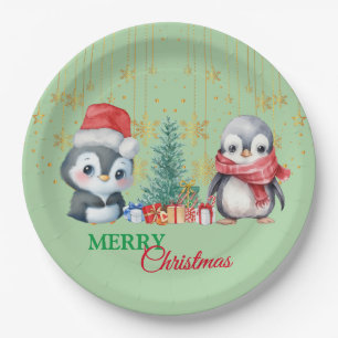 Prato De Papel Papais noeis Vermelhos Pinguins Feliz Festa de Nat