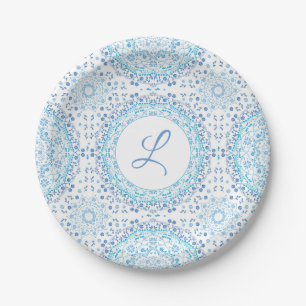 Prato De Papel Papel Azul Mandala, Placa Monograma