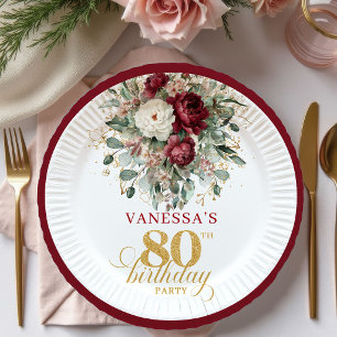 Prato De Papel Papel Boho Deep Red Floral Gold para 80º Aniversár