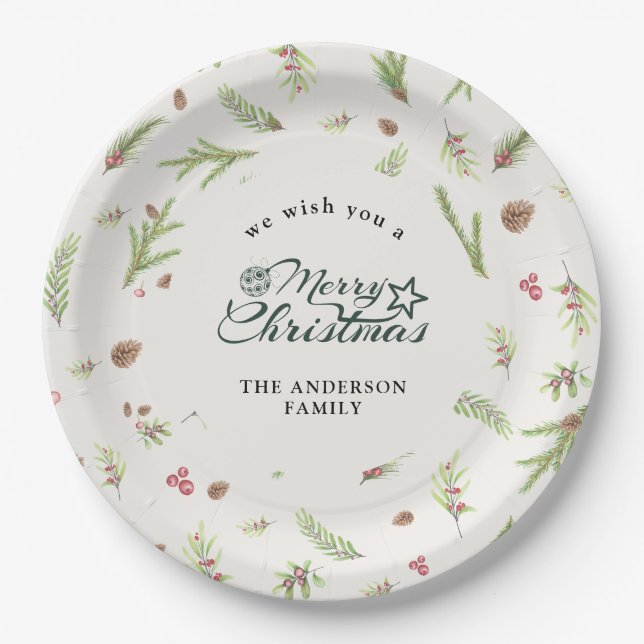 Prato De Papel Papel botânico mínimo elegante de Natal natural (Frente)