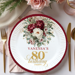 Prato De Papel Papel de Aniversário de 80 Anos Floral Borgonha Bo