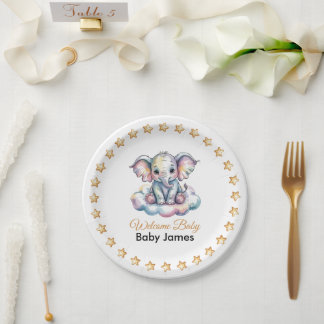 Prato De Papel Papel de Babá Elefante Cute Watercolor Azul Shower