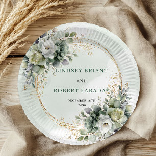 Prato De Papel Papel de casamento Boho Greenery em verde empoeira