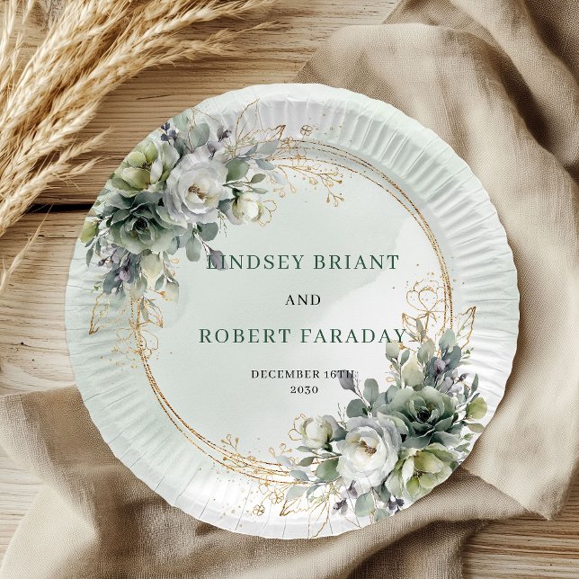 Prato De Papel Papel de casamento botânico dourado com greenery e (Watercolor Greenery Gold Botanical Wedding Paper Plates)