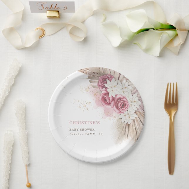 Prato De Papel Papel de Chá de fraldas de Rosas Rosa-Rosa-Boho Tr (Casamento)