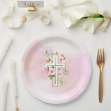 Papel de Dedicação de Bebê com Cruz Floral em Aqua