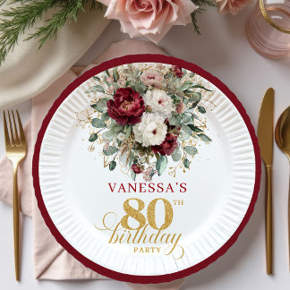 Prato De Papel Papel Floral Borgonha Moderno para 80º Aniversário