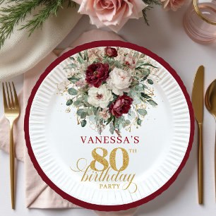 Prato De Papel Papel Floral Burgundy Chic Dourado para 80º Aniver