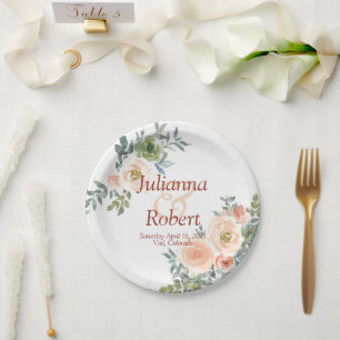 Prato De Papel Papel floral para casamento com aguarela rosa e ve
