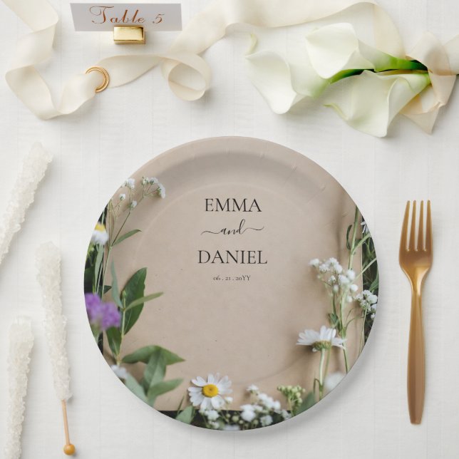 Prato De Papel Papel Kraft Botânico de Flores Silvestres Rústicas (Casamento)