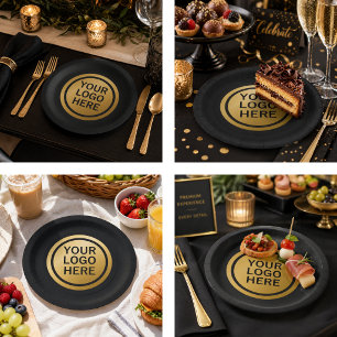 Prato De Papel Papel Luxo Preto e Dourado com Logotipo Comercial