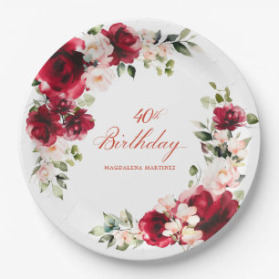 Prato De Papel Papel Personalizado Floral Cor-de-Rosa Vermelho an