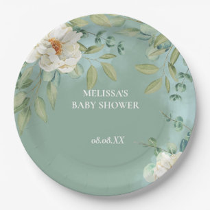 Prato De Papel Papel Placa Silver Sage Eucalyptus White Flower