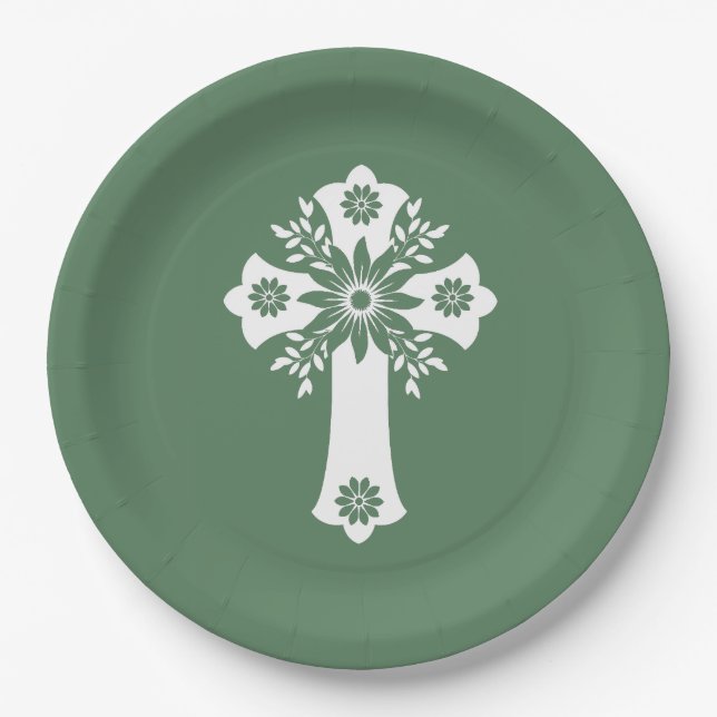 Prato De Papel Papel Plates Floral Cross Fern Green (Frente)