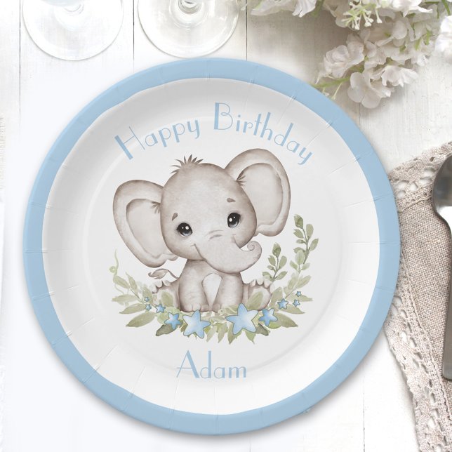 Prato De Papel Papelão-de-Festa de Bairthday, Elefante-Bonito (Cute Elephant Birthday Boy Party Paper Plates)