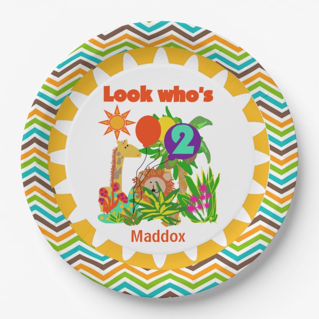 Prato De Papel Papelão Feliz de Aniversário do segundo Safari (Frente)