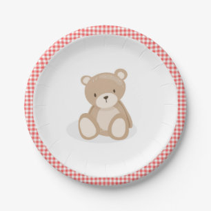Prato De Papel Papelão-Picnic Urso Vermelho-Gingham, Aniversário