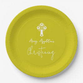 Prato De Papel Paper Plate Floral Cross Christening Yellow