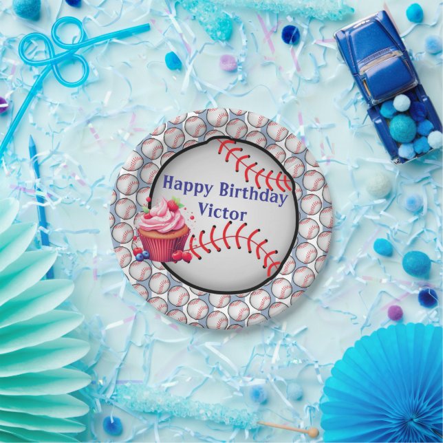 Prato De Papel Paper Plates, Blue White Stripe Birthday Baseball (Festa)