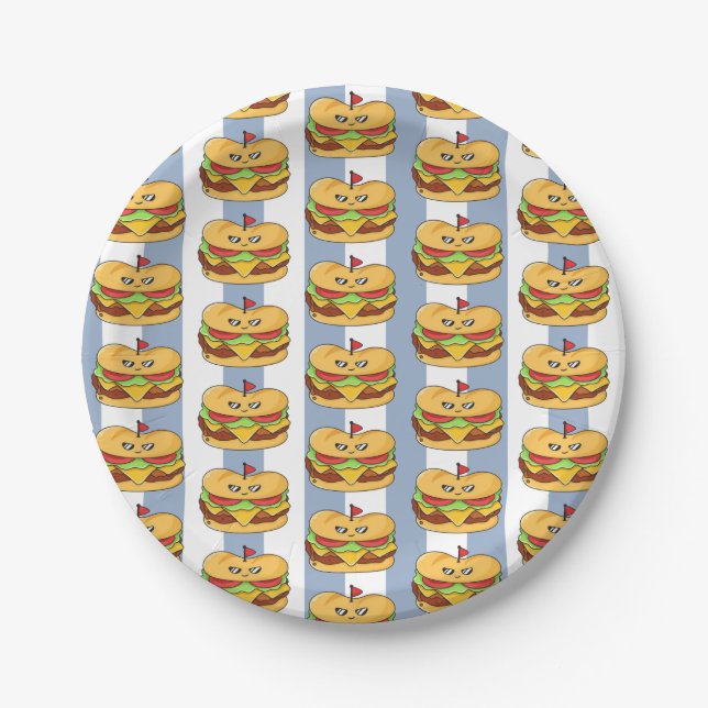 Prato De Papel Paper Plates, Blue & White Stripe Chicken Sandwich (Frente)