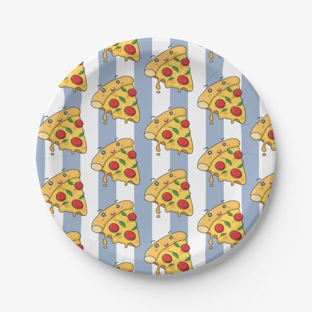 Prato De Papel Paper Plates, Blue & White Stripe Pizza Cheese (Frente)