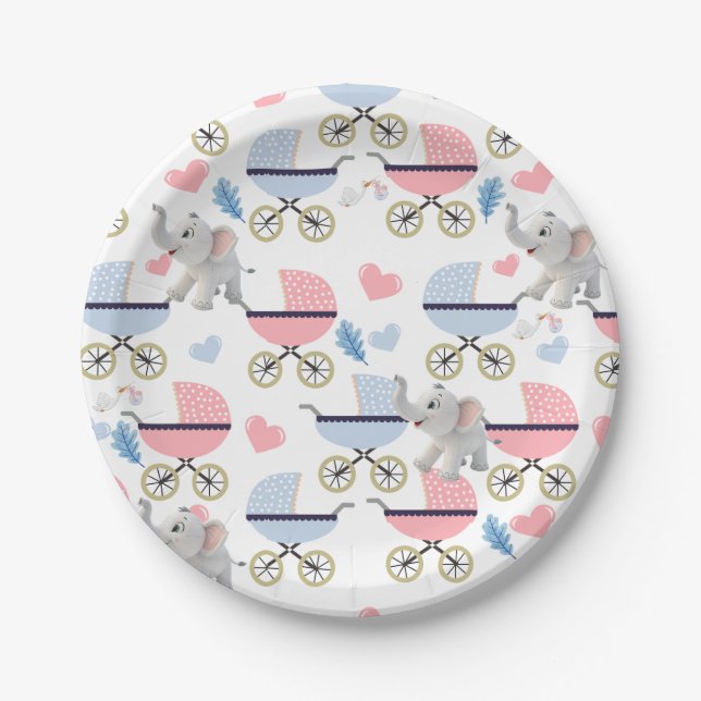 Prato De Papel Paper Plates, Elephant Baby Strollers Stork (Frente)