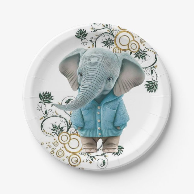 Prato De Papel Paper Plates, Floral Blue Elephant  (Frente)