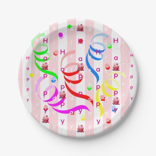 Prato De Papel Paper Plates, Pink & White Stripe Birthday (Frente)