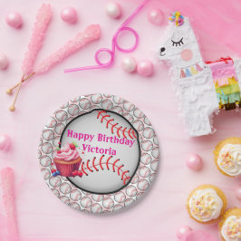 Prato De Papel Paper Plates, Pink  White Stripe Birthday Baseball