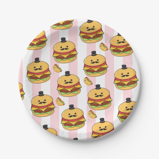 Prato De Papel Paper Plates, Pink & White Stripe Hotdog Hamburger (Frente)