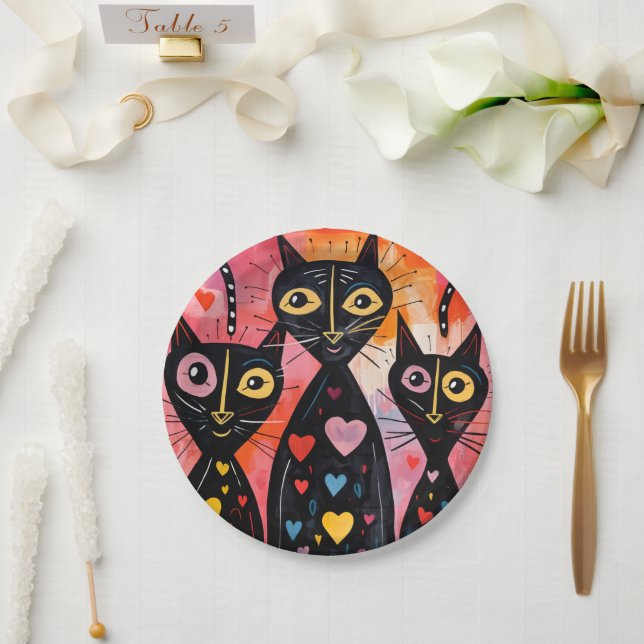 Prato De Papel Paper plates Valentine's Day Cat Red Hearts  (Casamento)