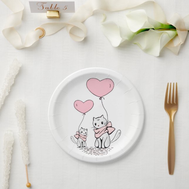 Prato De Papel Paper plates Valentine's Day Cats Pink Hearts (Casamento)