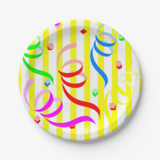 Prato De Papel Paper Plates, Yellow & White Stripe Confetti