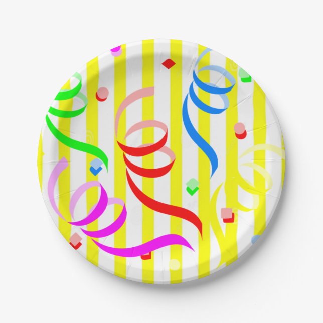 Prato De Papel Paper Plates, Yellow & White Stripe Confetti (Frente)