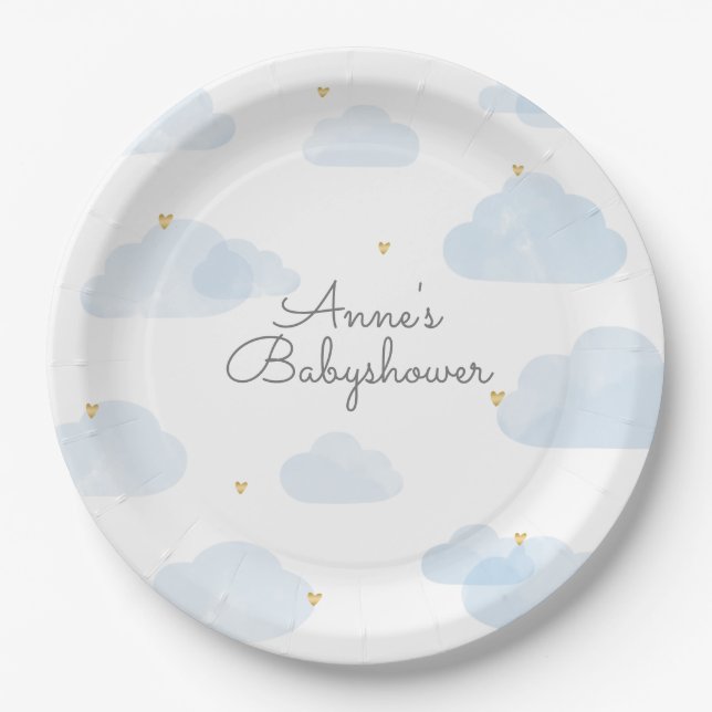 Prato De Papel Papieren bordje babyshower lichtblauwe wolken (Frente)