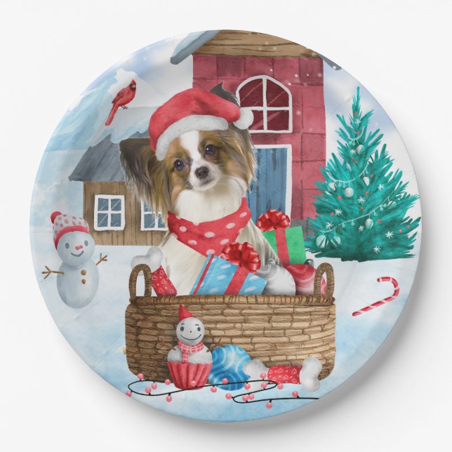 Prato De Papel Papillon Cão Na Neve Casa De Cachorro De Natal (Frente)