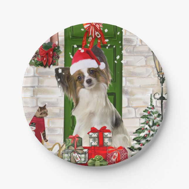 Prato De Papel Papillon Dog Christmas (Frente)