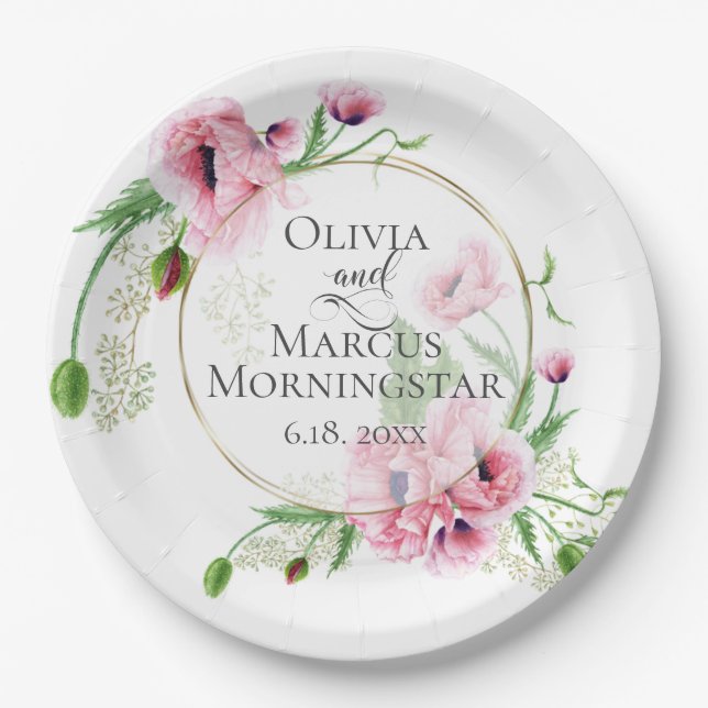 Prato De Papel Papoulas Rosa e Folhagem em Aquarela (Frente)