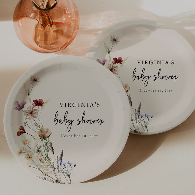 Prato de Papel para Chá de Bebê Boho (Boho Floral Baby Shower Paper Plate by Painted Paperie)