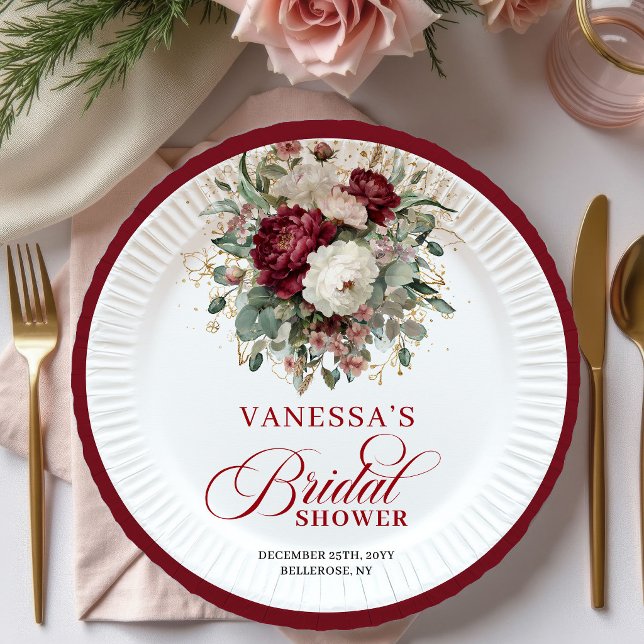 Prato de Papel para Chá de Noiva Floral Borgonha E (Graceful Burgundy Floral Bridal Shower Paper Plates)