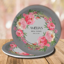 Prato de papel para chá de noiva floral rosa em aq