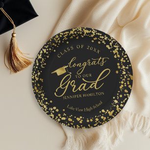 Prato De Papel Parabéns ao Nosso Graduado Graduação Preta Dourada