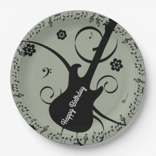 Prato De Papel Parabéns Black Music Notes Guitar Flowers