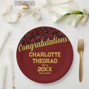 Prato De Papel Parabéns de graduação Personalizam Maroon Dourado