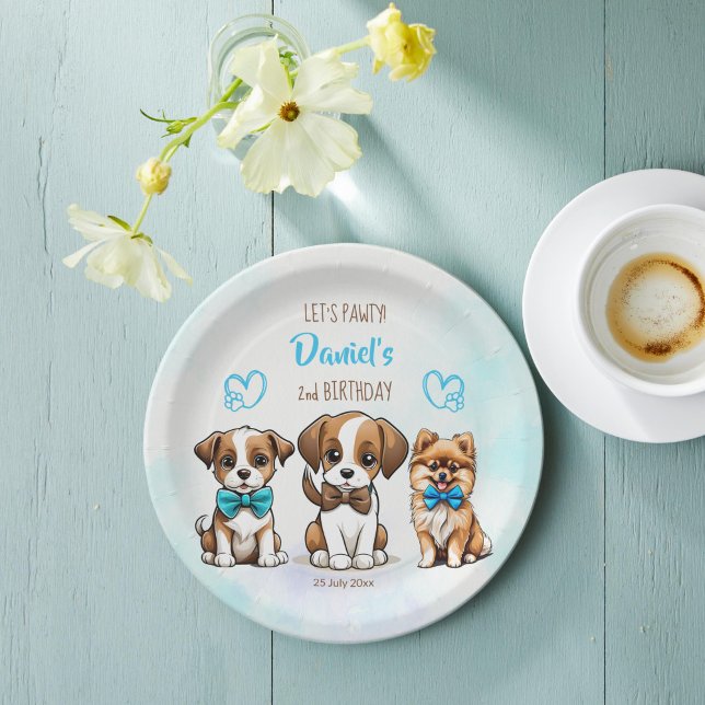 Prato De Papel Parabéns de vamos azul e fofinho (Let's pawty brown blue cute puppies birthday party printed paper plates personalized table decor)