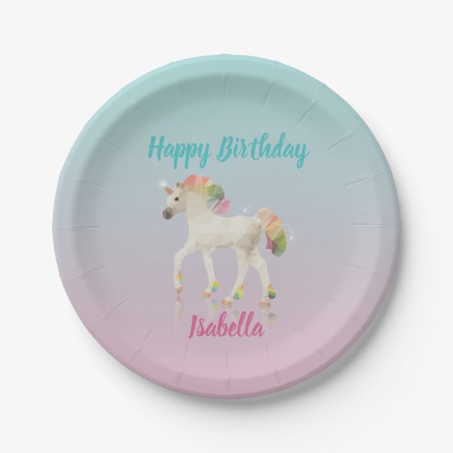 Prato De Papel Parabéns Rainbow Unicorn Name Paper Plate (Frente)