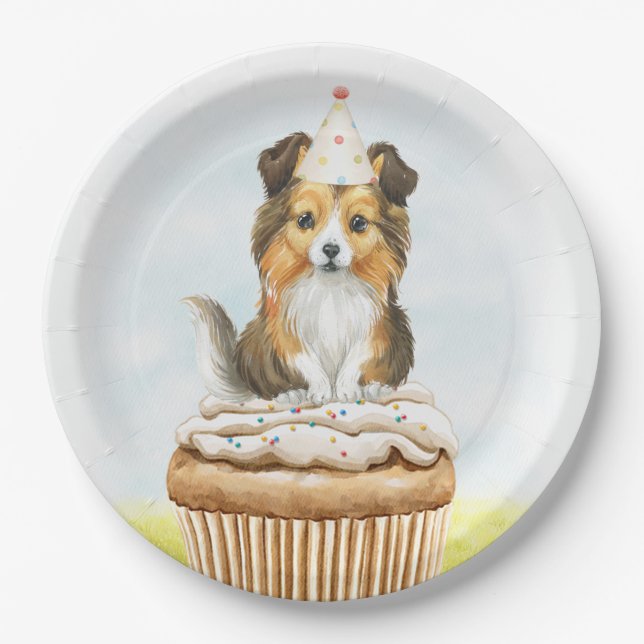 Prato De Papel Parabéns Sheltie Pup Cake (Frente)