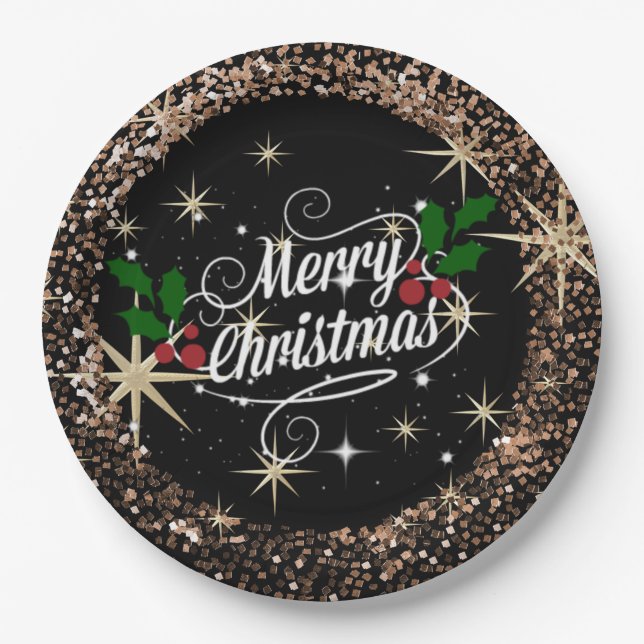 Prato De Papel Parceiro de Natal feliz, brilho e brilho (Frente)